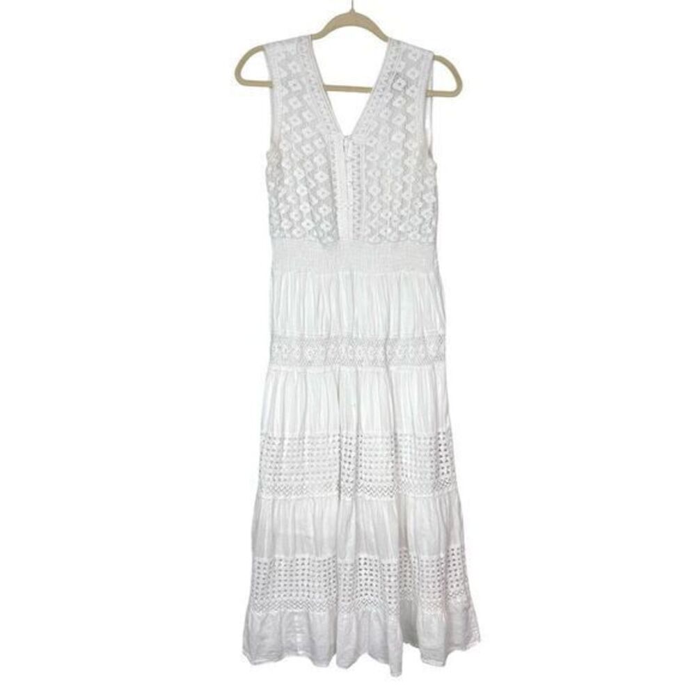 NAOO Maxi Dress Large White Tiered Sleeveless Midi Crochet Lace Cotton Flowy Boh